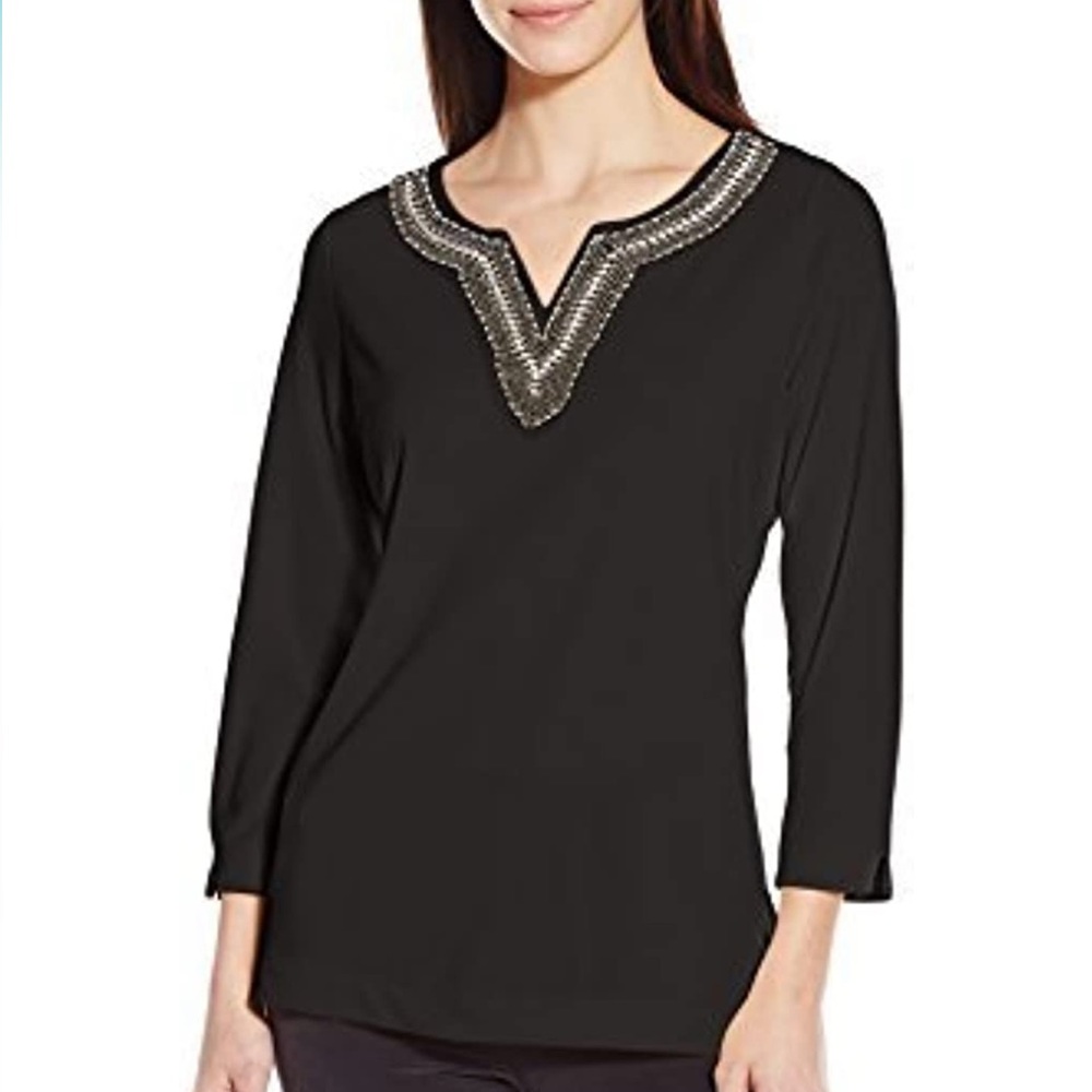Rafaella Embellished Collar V Neck Black Tunic Top